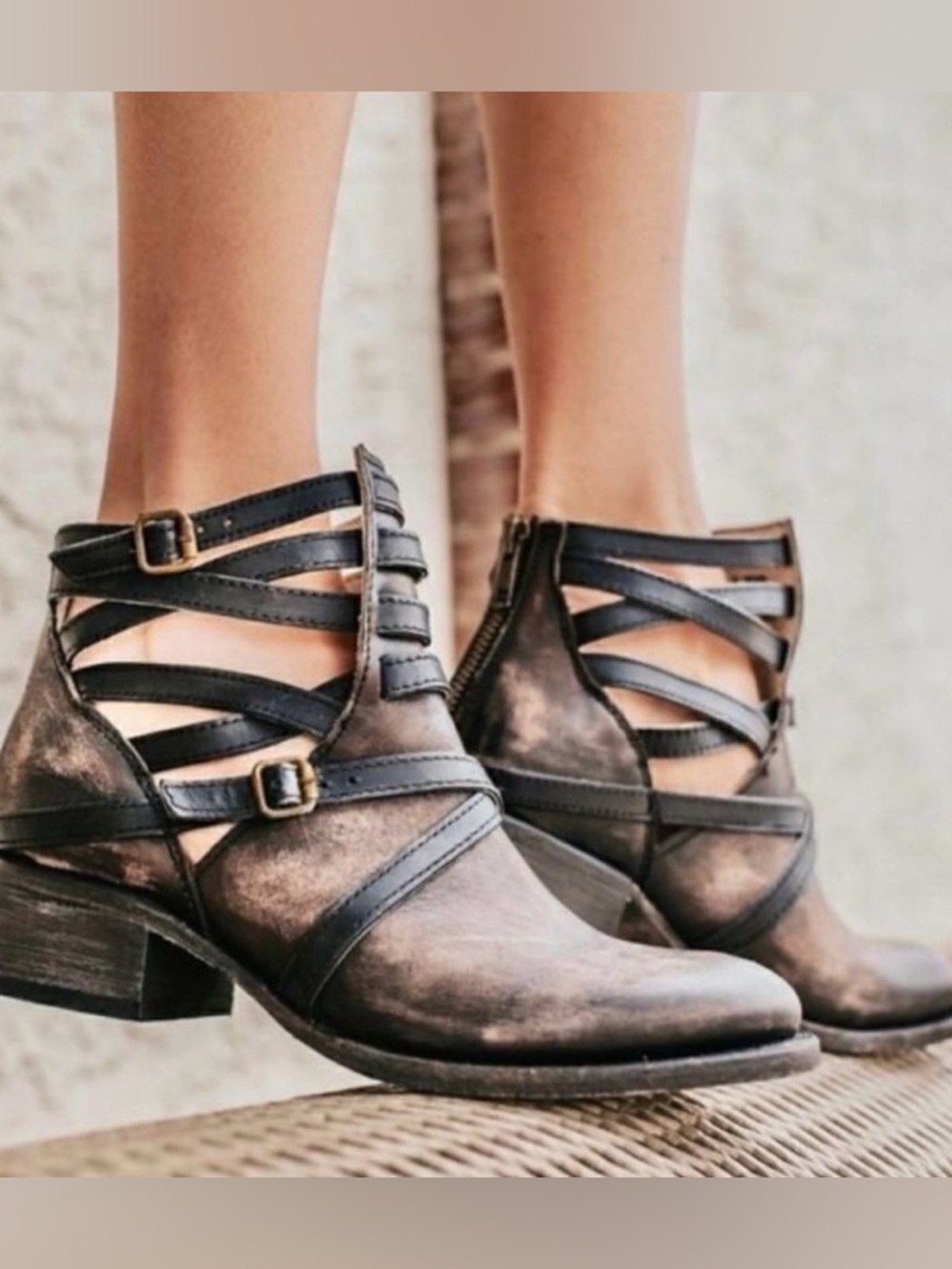 Women's Distressed Brown Cutout Ankle Booties with Strap Detail - Picture 2 of 3